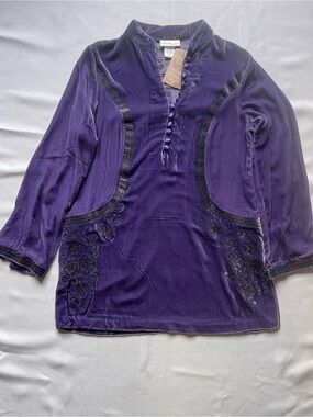 Soft Surroundings Purple Velvet Embroidered Lace Mandarin Button Tunic Blouse S